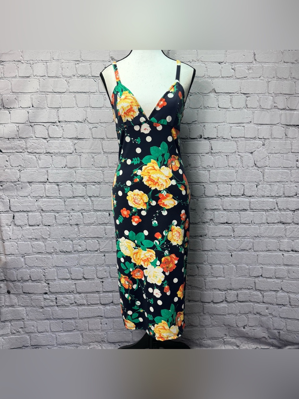Leith Floral Polka Dot Cami Tank Midi Dress Stretchy Navy w/ Yellow Roses Size S